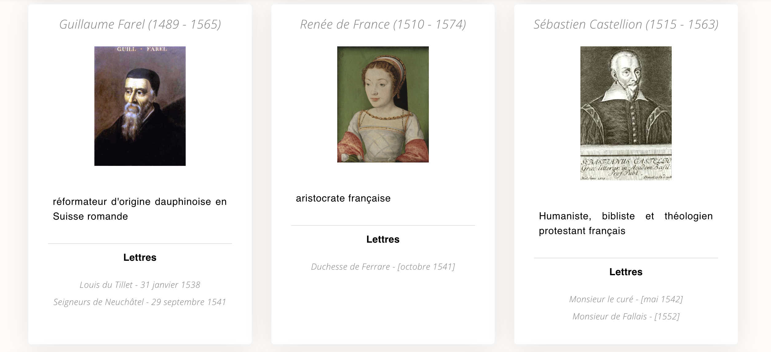 Rangée de trois cartes contenant l'information de la personne et la liste de lettres où ce nom apparaît.